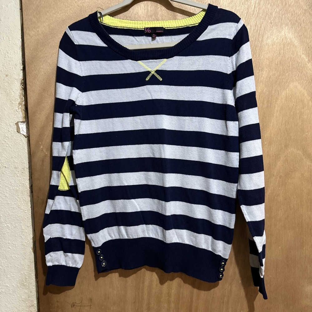 y2k t/o lightweight striped pullover sweater sz XL Blue Gray Yellow Elbow Patch
